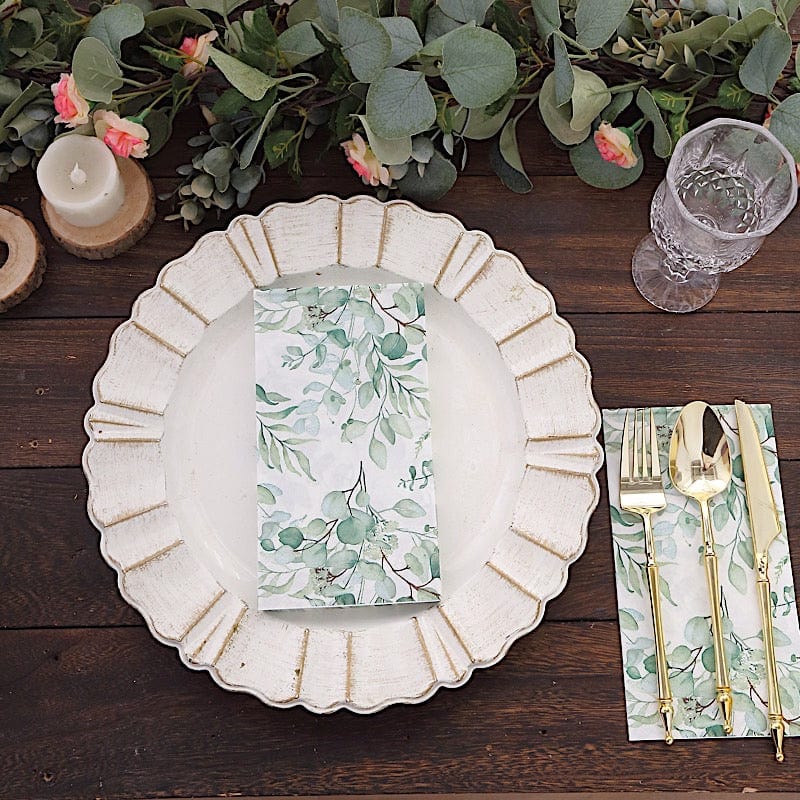 20 White 2 Ply Disposable Dinner Paper Napkins with Green Leaves Design