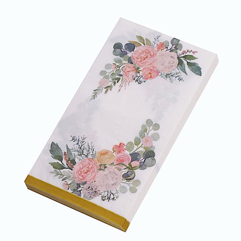 20 White 2 Ply Disposable Dinner Paper Napkins with Peony Flower Print and Gold Edge