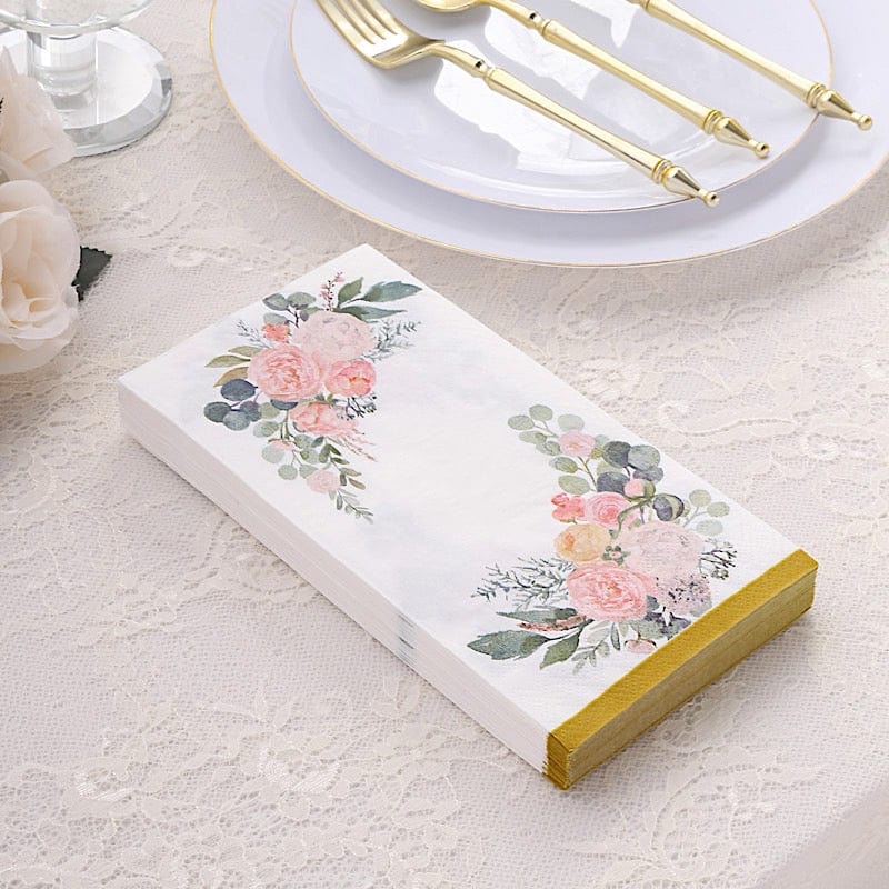 20 White 2 Ply Disposable Dinner Paper Napkins with Peony Flower Print and Gold Edge