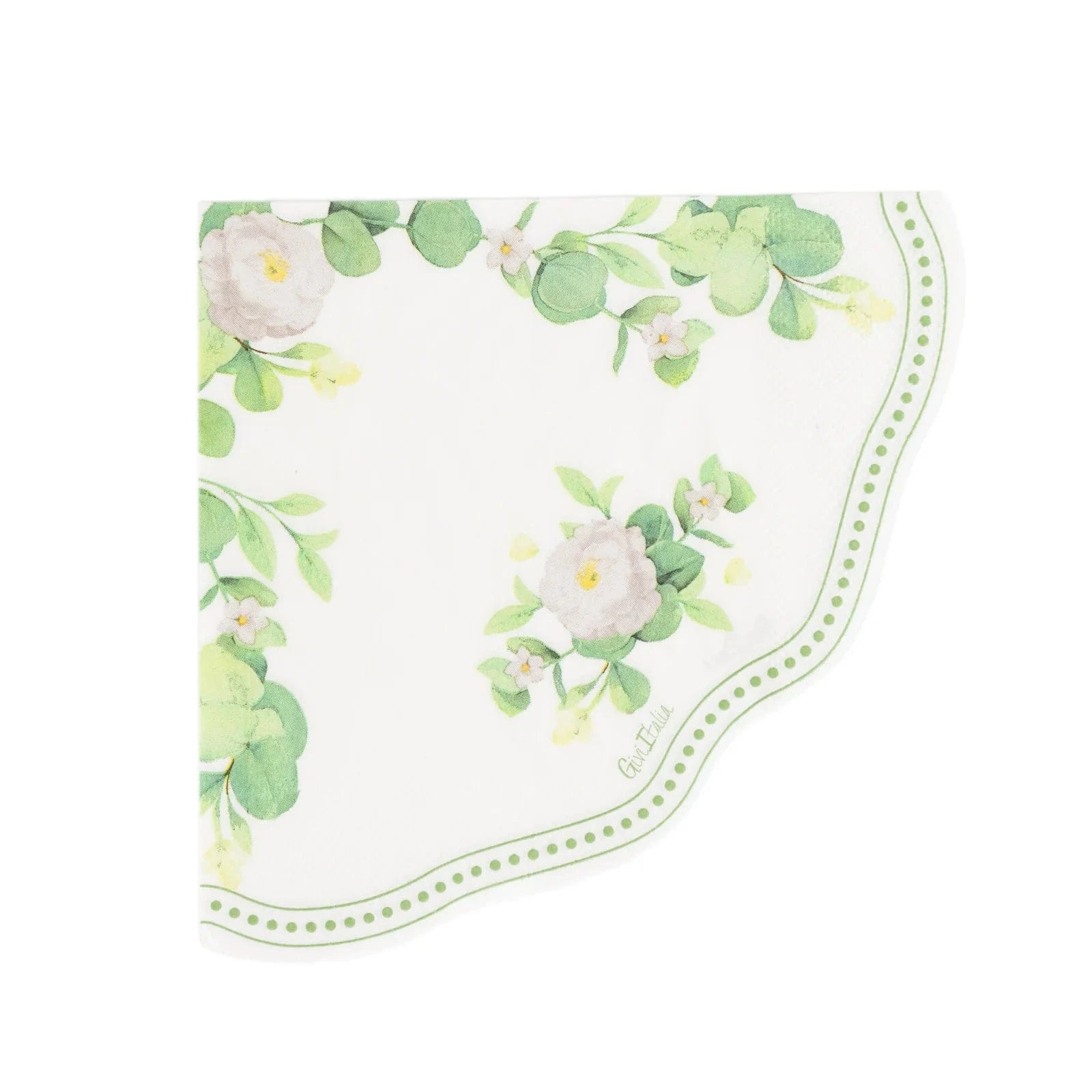 25 White Green Floral Greenery Round Paper Napkins with Scalloped Edge