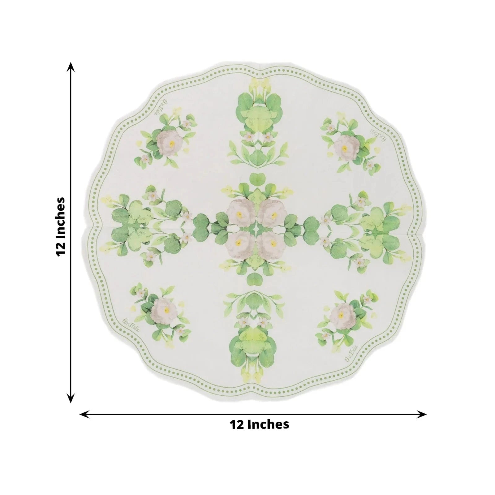 25 White Green Floral Greenery Round Paper Napkins with Scalloped Edge