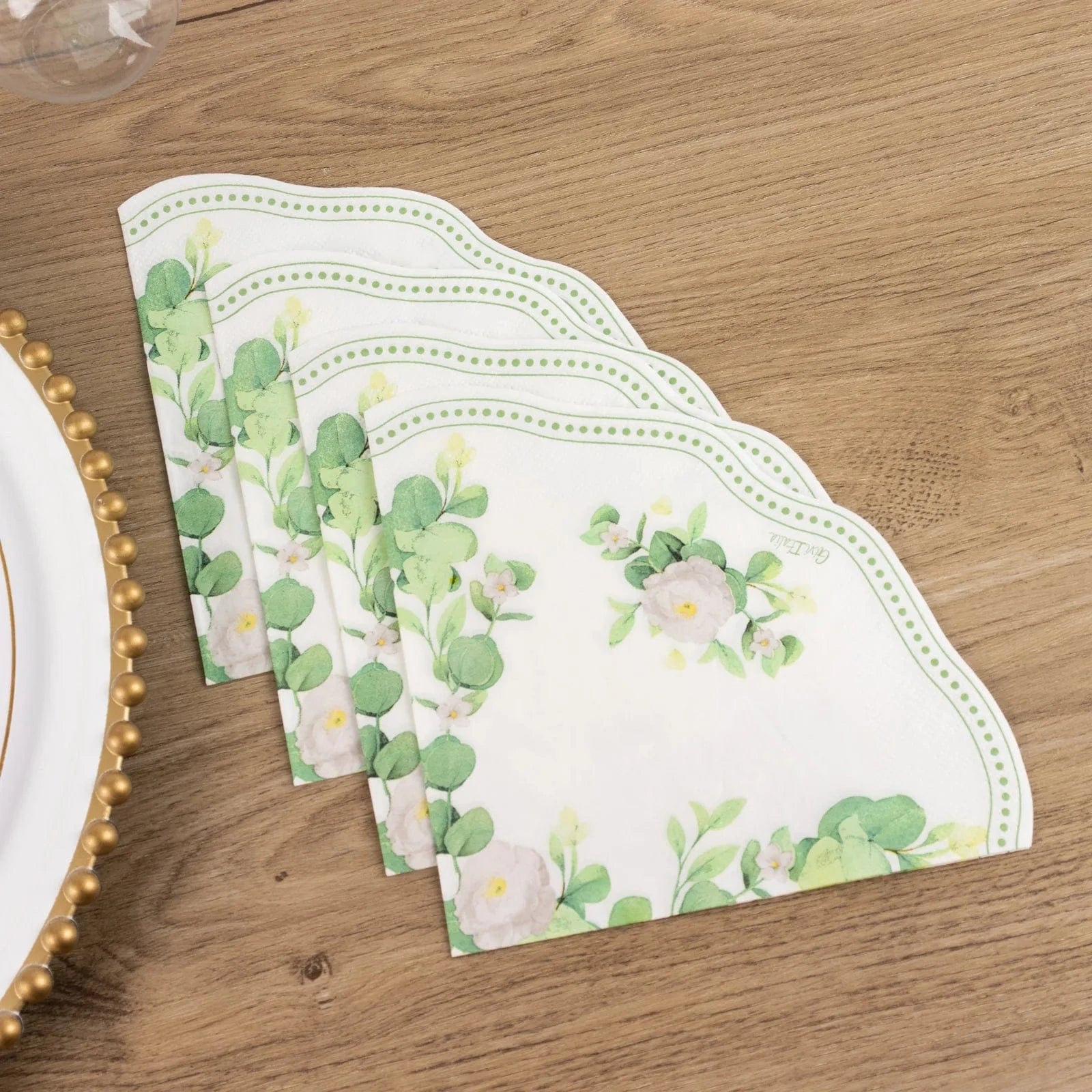 25 White Green Floral Greenery Round Paper Napkins with Scalloped Edge