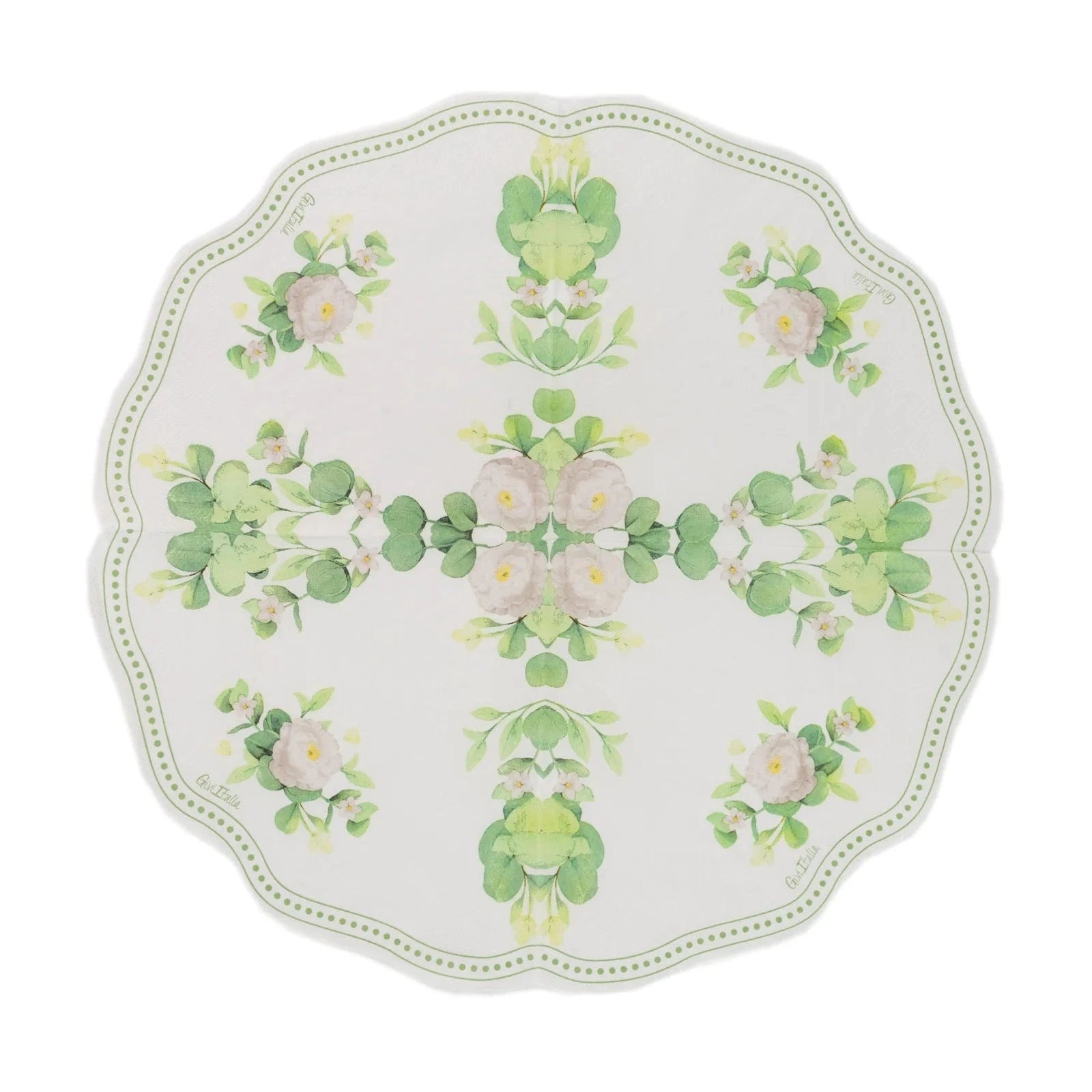 25 White Green Floral Greenery Round Paper Napkins with Scalloped Edge