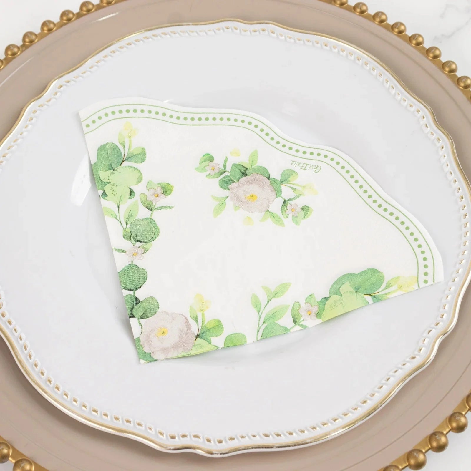 25 White Green Floral Greenery Round Paper Napkins with Scalloped Edge
