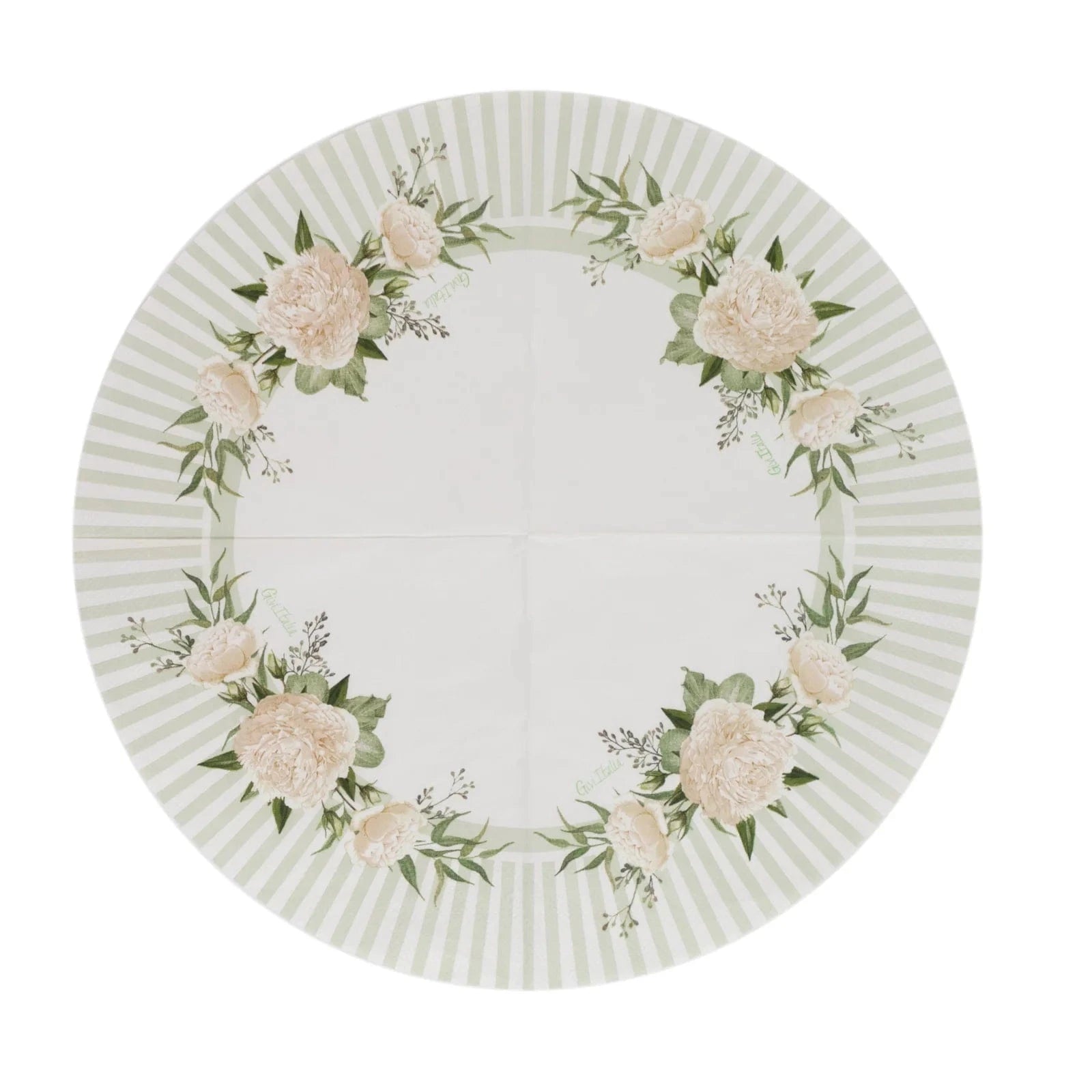 25 White Sage Green Round Paper Napkins with Floral Lined Pattern