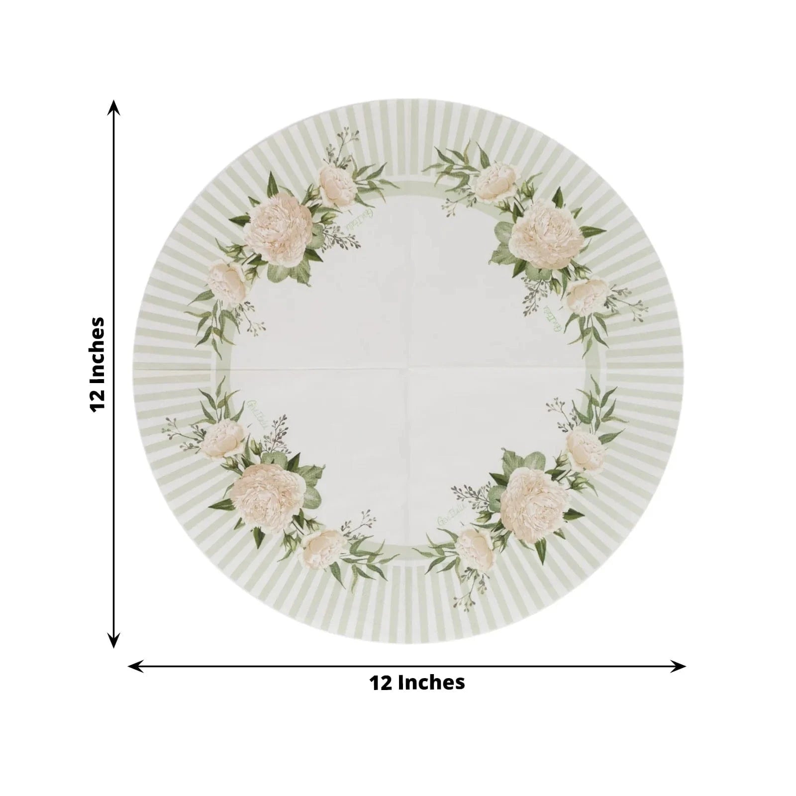 25 White Sage Green Round Paper Napkins with Floral Lined Pattern