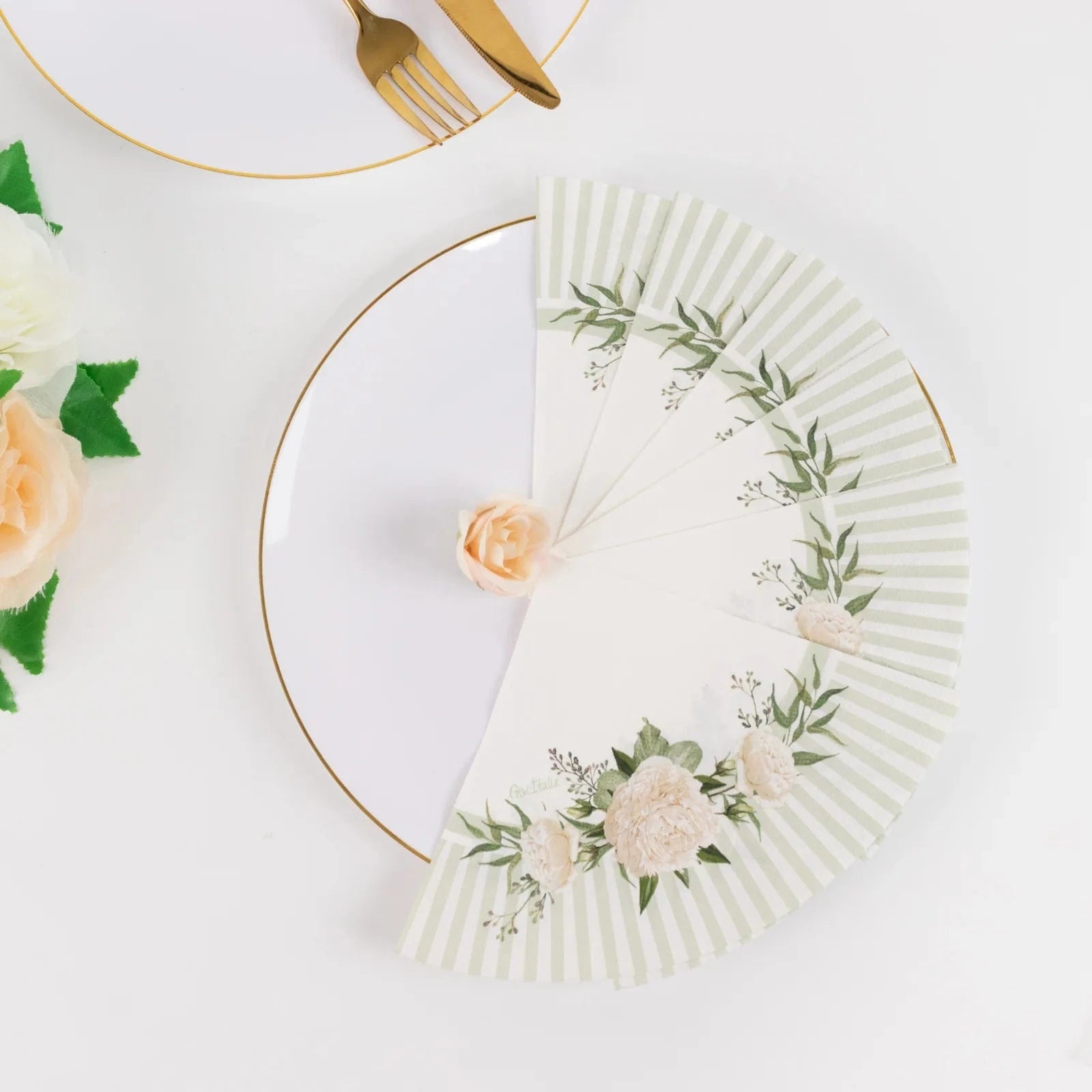 25 White Sage Green Round Paper Napkins with Floral Lined Pattern