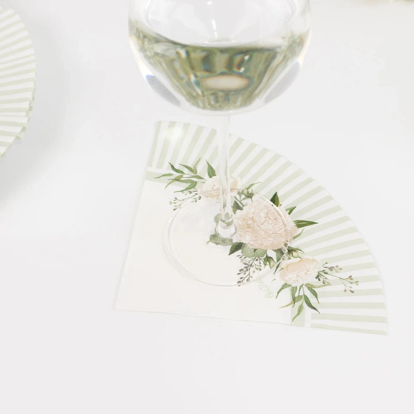 25 White Sage Green Round Paper Napkins with Floral Lined Pattern