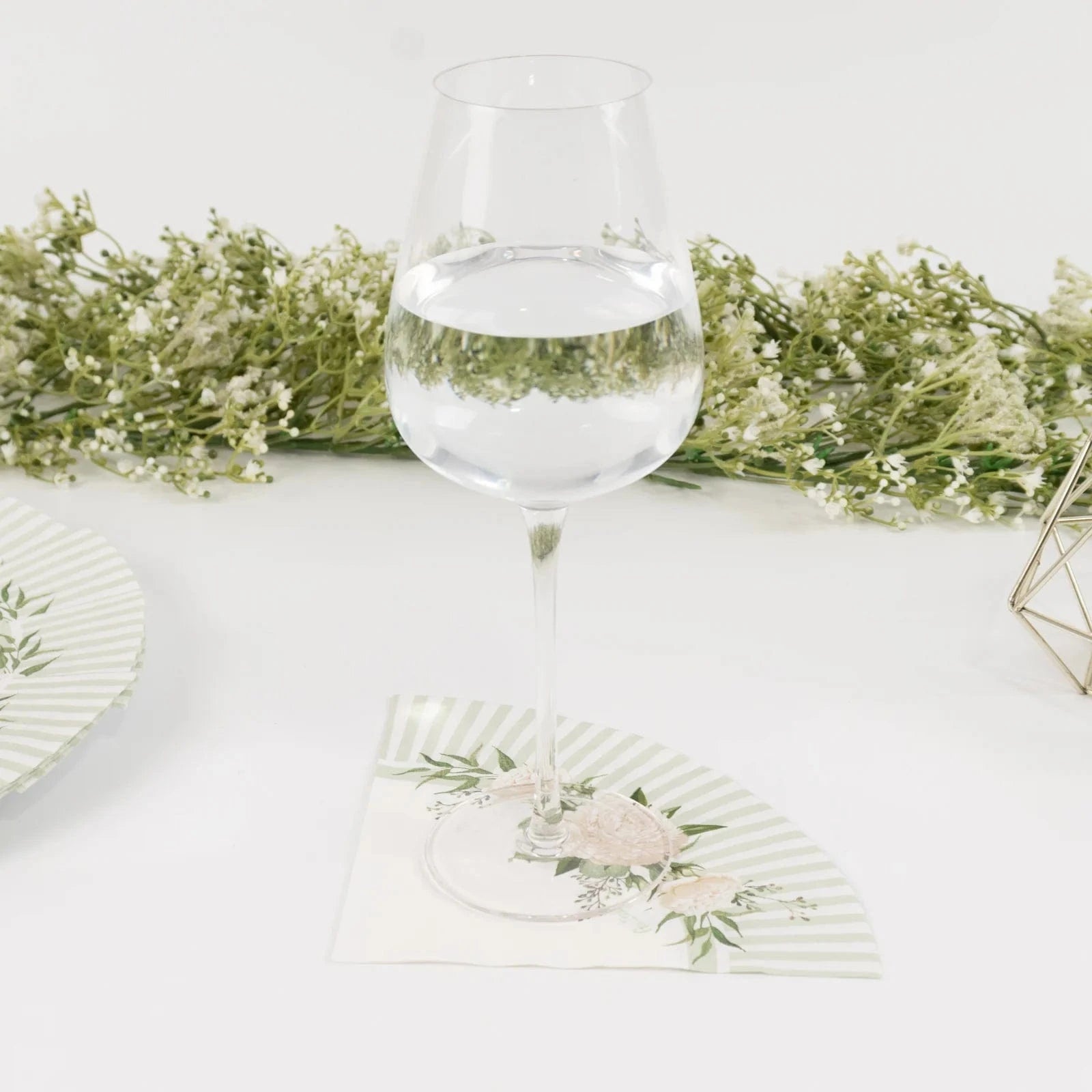 25 White Sage Green Round Paper Napkins with Floral Lined Pattern