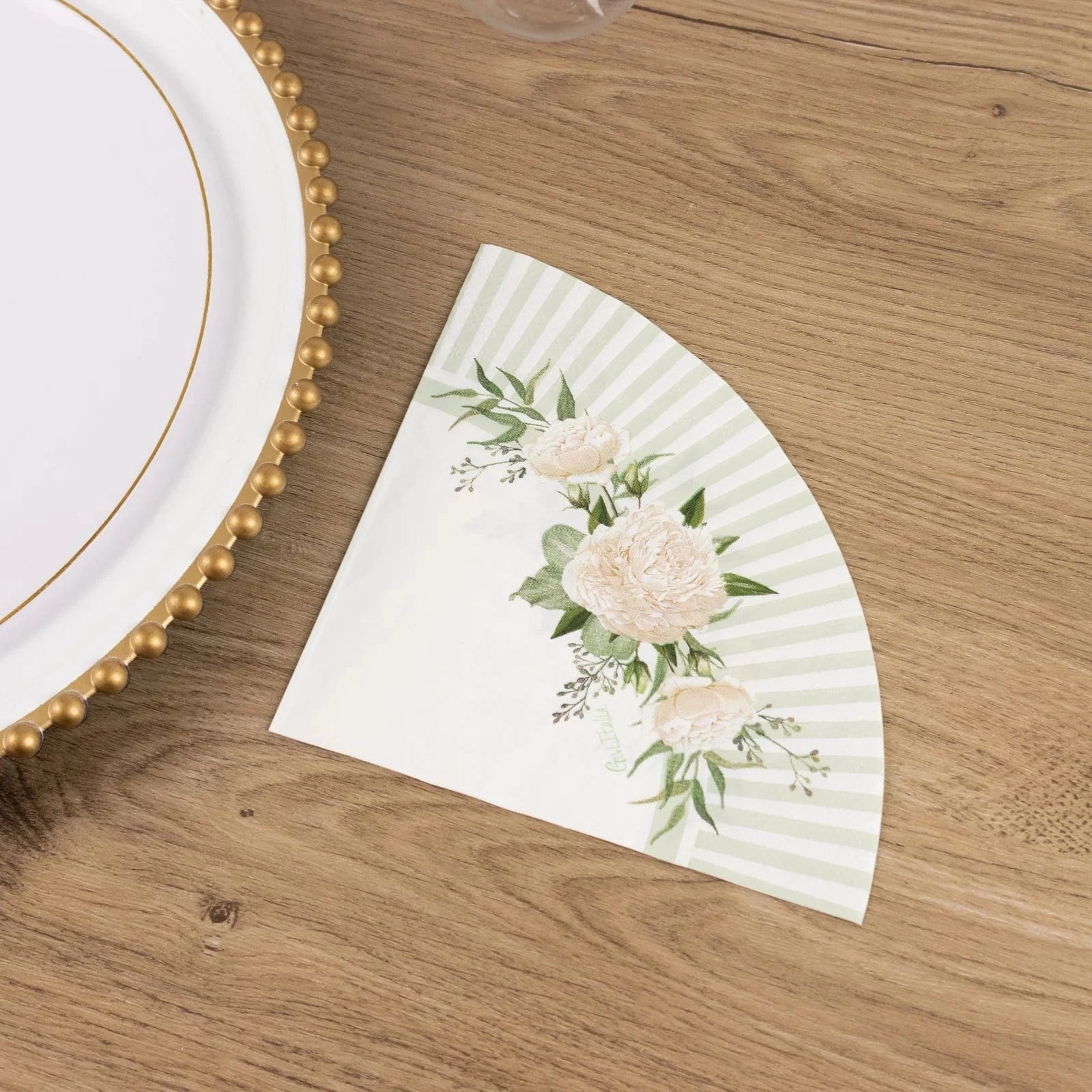 25 White Sage Green Round Paper Napkins with Floral Lined Pattern