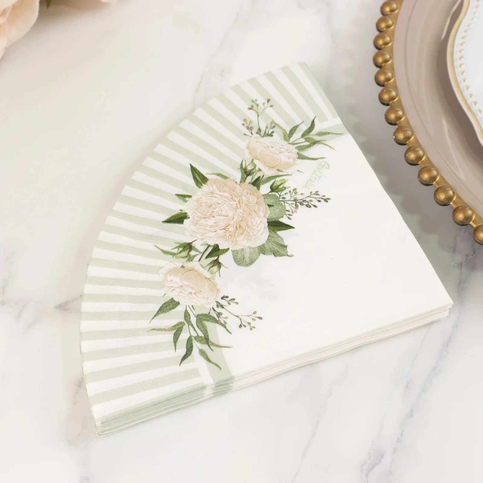 25 White Sage Green Round Paper Napkins with Floral Lined Pattern