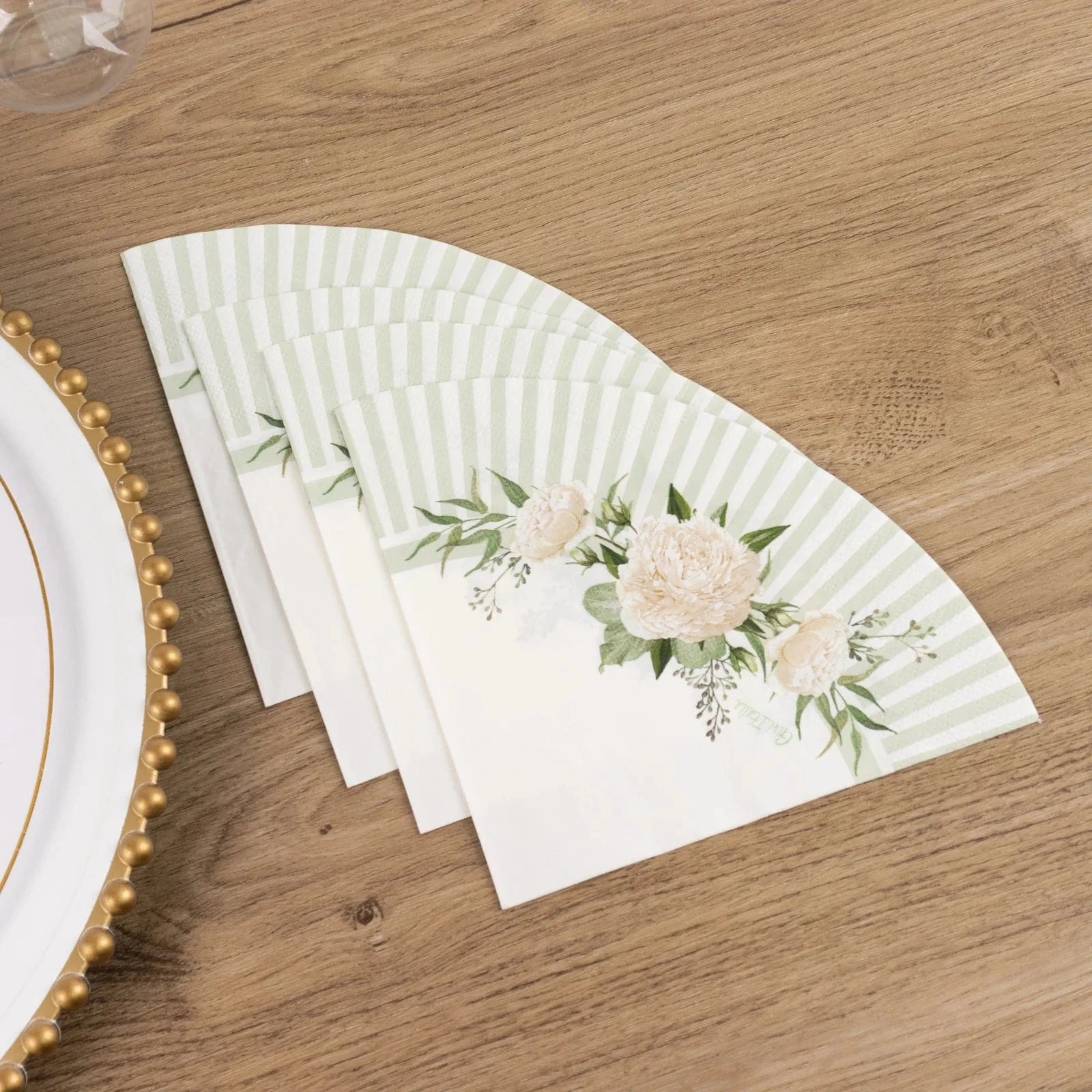 25 White Sage Green Round Paper Napkins with Floral Lined Pattern