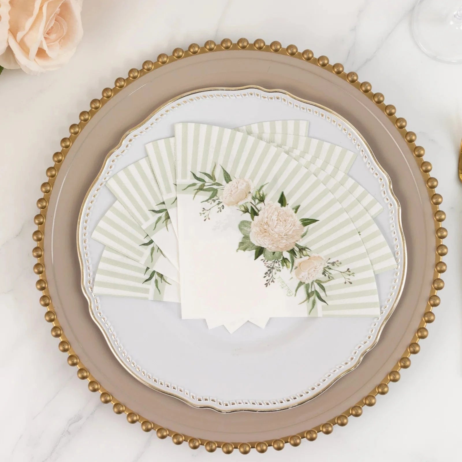 25 White Sage Green Round Paper Napkins with Floral Lined Pattern