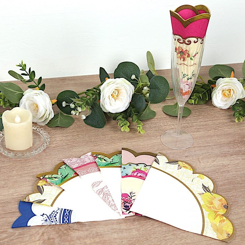 48 Vintage Floral Mixed Design Round Paper Cocktail Napkins with Scalloped Edges