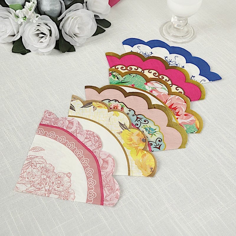 48 Vintage Floral Mixed Design Round Paper Cocktail Napkins with Scalloped Edges
