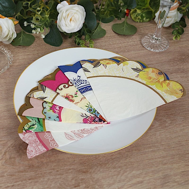 48 Vintage Floral Mixed Design Round Paper Cocktail Napkins with Scalloped Edges