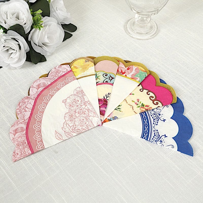 48 Vintage Floral Mixed Design Round Paper Cocktail Napkins with Scalloped Edges