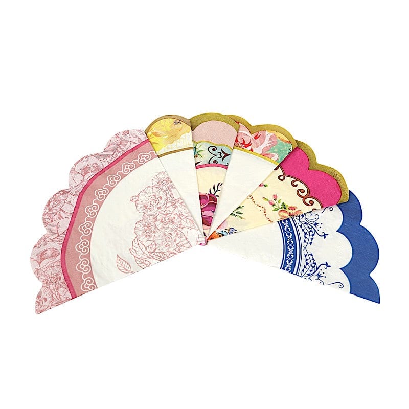 48 Vintage Floral Mixed Design Round Paper Cocktail Napkins with Scalloped Edges