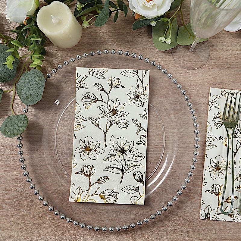 50 Rectangular 2 Ply Dinner Paper Napkins with Magnolia Flowers Print