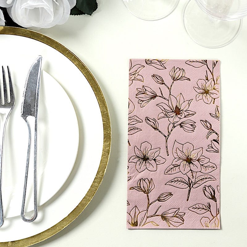 50 Rectangular 2 Ply Dinner Paper Napkins with Magnolia Flowers Print