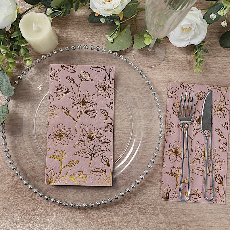 50 Rectangular 2 Ply Dinner Paper Napkins with Magnolia Flowers Print