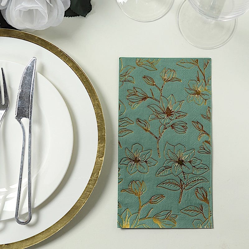 50 Rectangular 2 Ply Dinner Paper Napkins with Magnolia Flowers Print