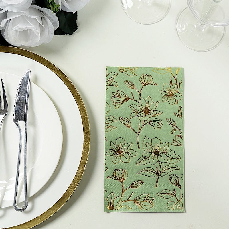 50 Rectangular 2 Ply Dinner Paper Napkins with Magnolia Flowers Print