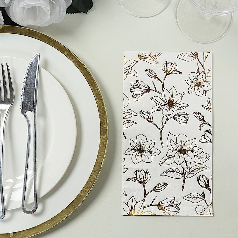 50 Rectangular 2 Ply Dinner Paper Napkins with Magnolia Flowers Print