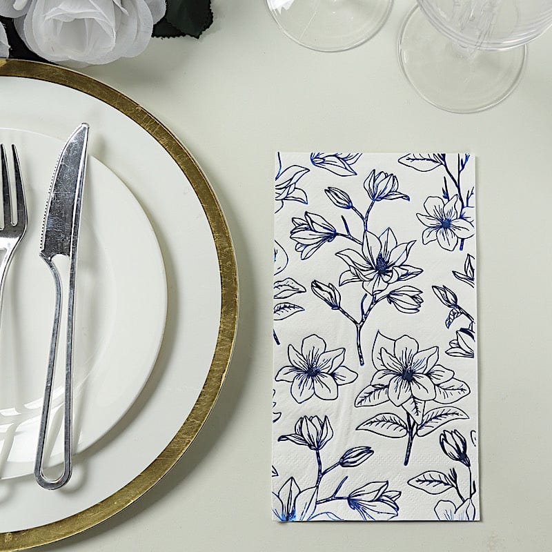 50 Rectangular 2 Ply Dinner Paper Napkins with Magnolia Flowers Print