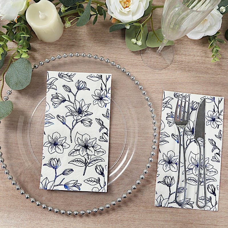 50 Rectangular 2 Ply Dinner Paper Napkins with Magnolia Flowers Print