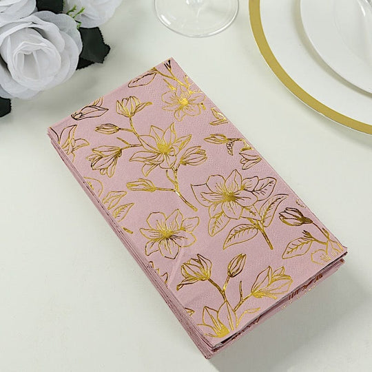 50 Rectangular 2 Ply Dinner Paper Napkins with Magnolia Flowers Print