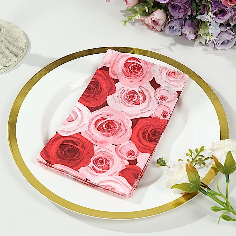 50 Red Pink 2 Ply Disposable Dinner Paper Napkins with Floral Design