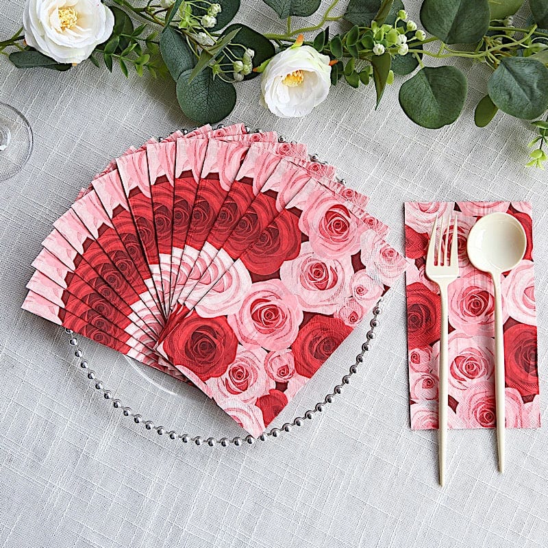 50 Red Pink 2 Ply Disposable Dinner Paper Napkins with Floral Design