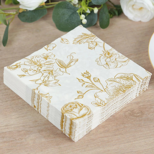50 White 2-Ply Paper Cocktail Napkins with Matte French Toile Floral Pattern