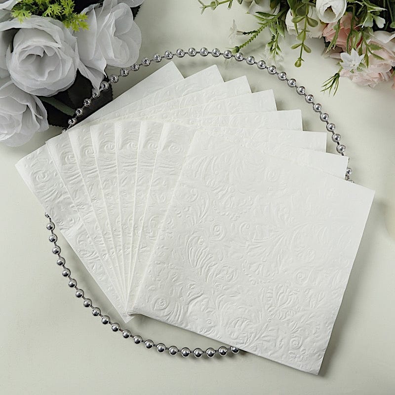 50 White 13 in  Embossed Paper Cocktail Napkins with French Swirl Pattern