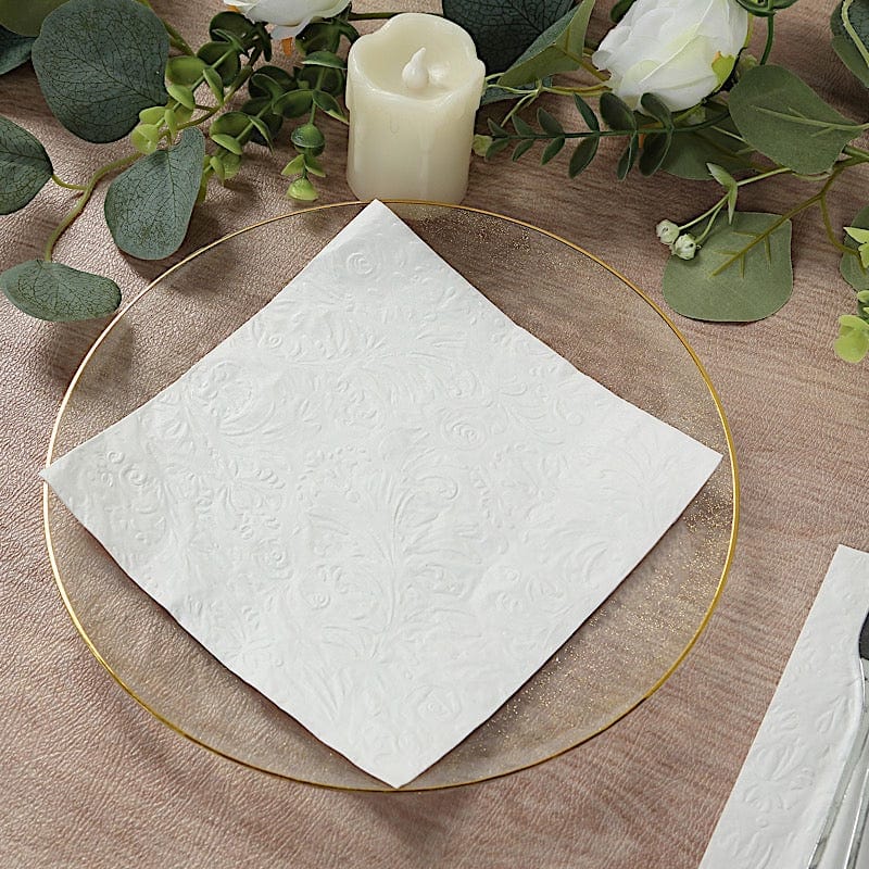 50 White 13 in  Embossed Paper Cocktail Napkins with French Swirl Pattern