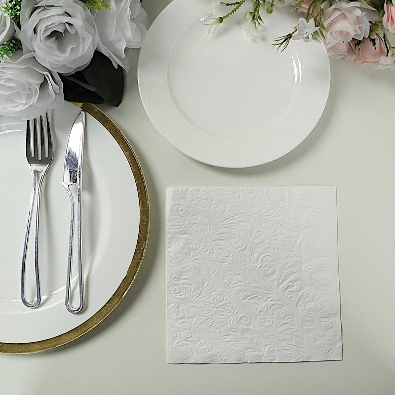 50 White 13 in  Embossed Paper Cocktail Napkins with French Swirl Pattern