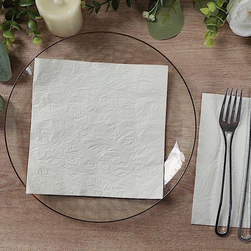 50 White 13 in  Embossed Paper Cocktail Napkins with French Swirl Pattern