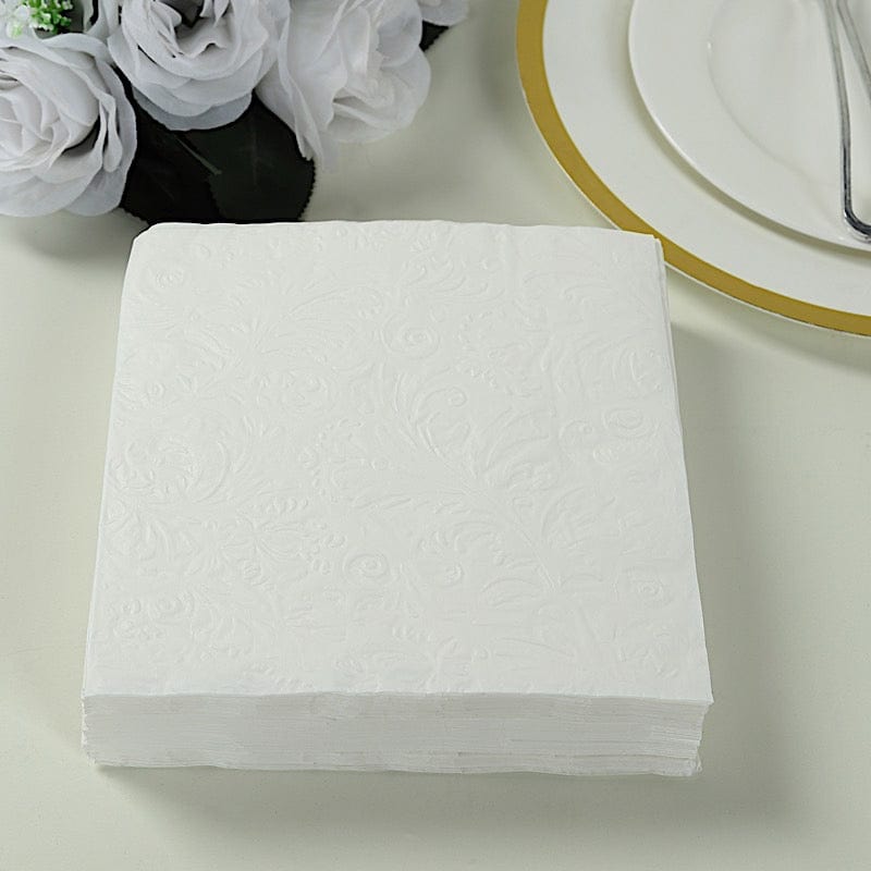 50 White 13 in  Embossed Paper Cocktail Napkins with French Swirl Pattern