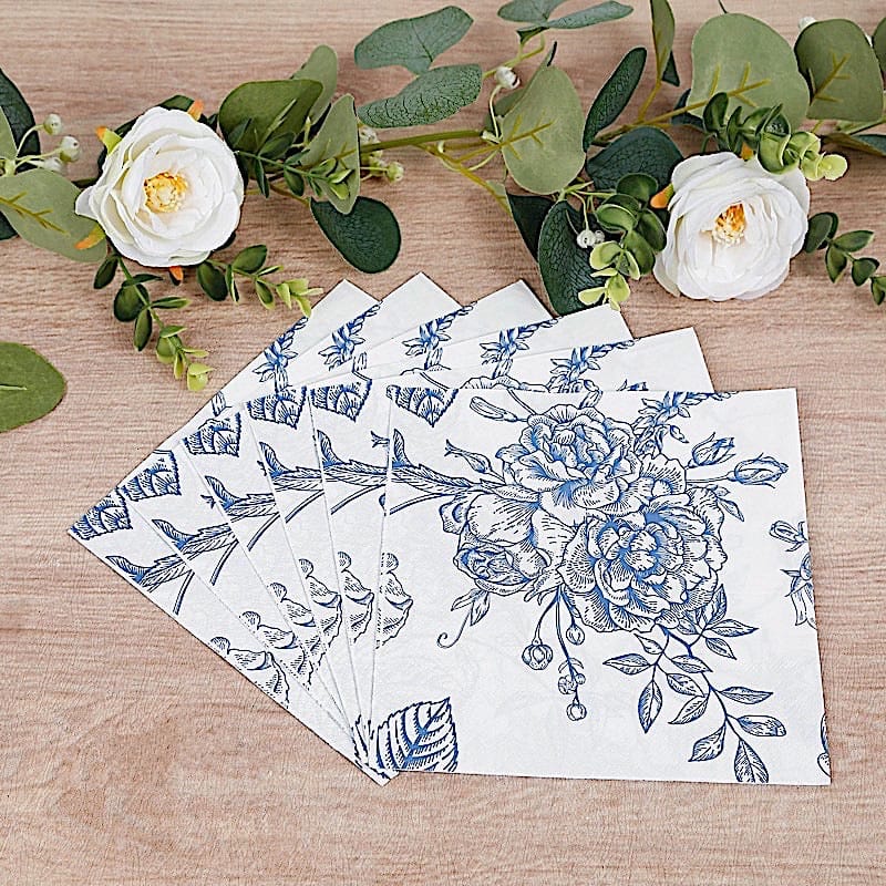 50 White 2-Ply Paper Cocktail Napkins with Matte French Toile Floral Pattern