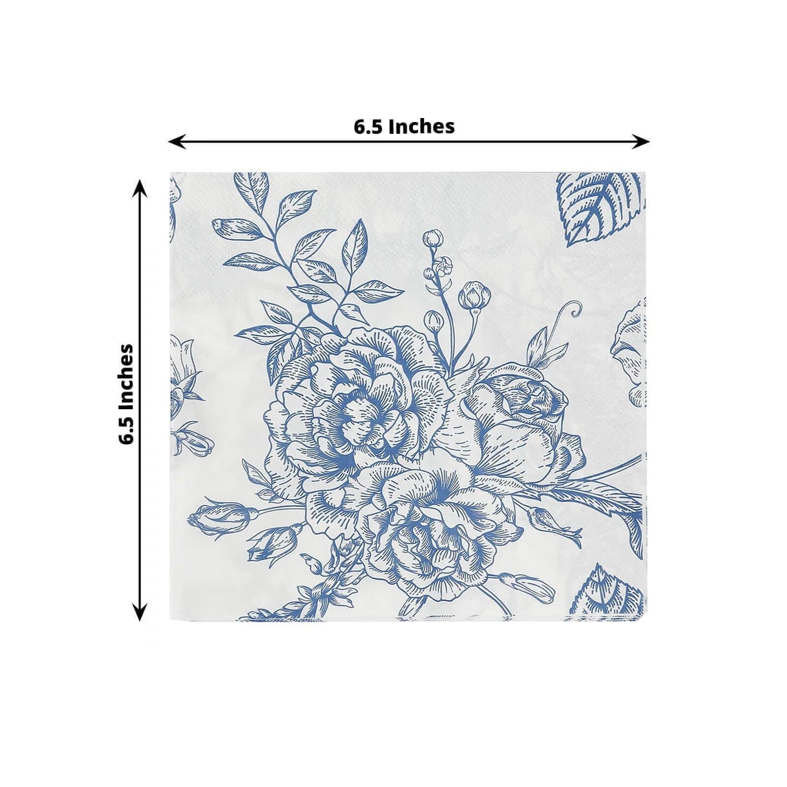 50 White 2-Ply Paper Cocktail Napkins with Matte French Toile Floral Pattern