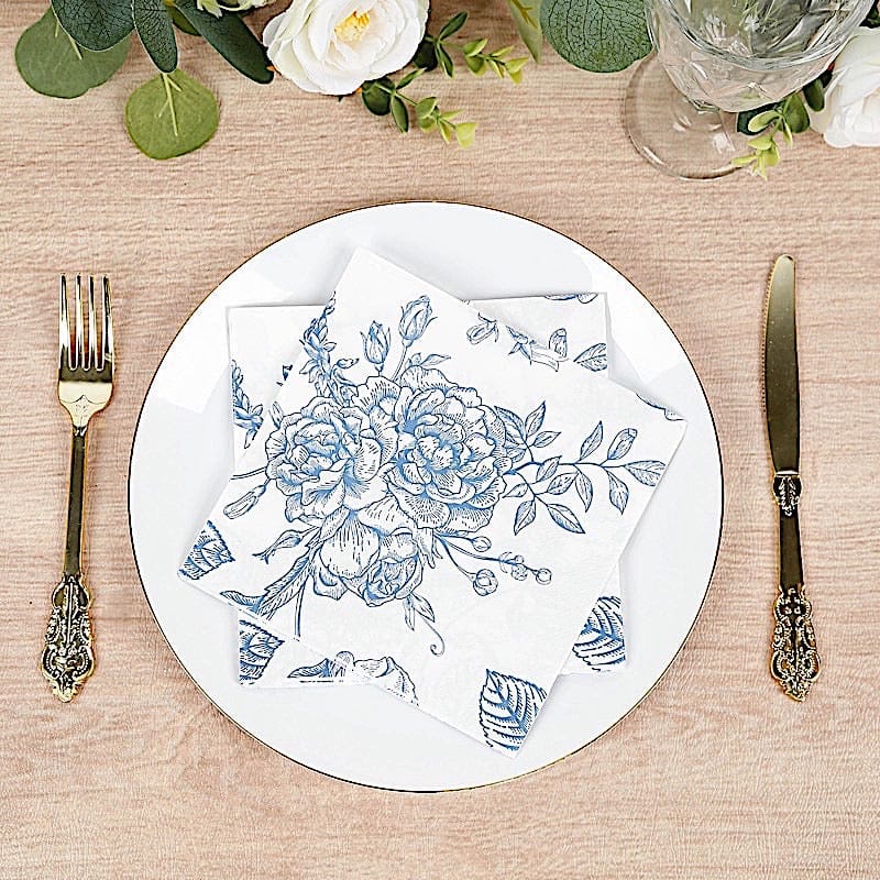 50 White 2-Ply Paper Cocktail Napkins with Matte French Toile Floral Pattern