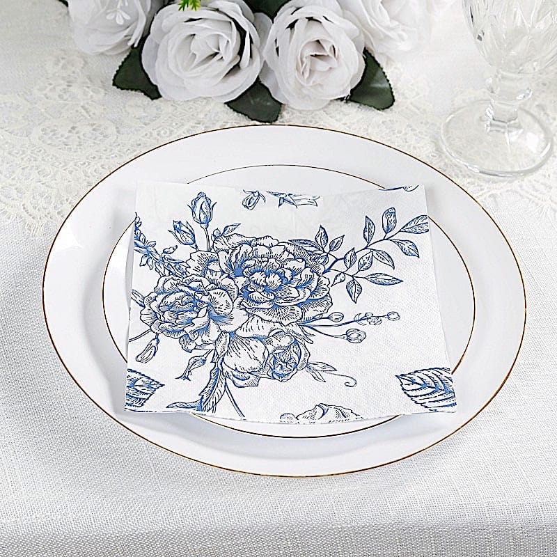50 White 2-Ply Paper Cocktail Napkins with Matte French Toile Floral Pattern