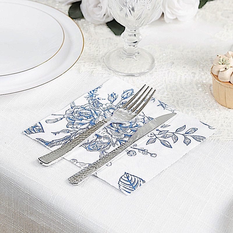 50 White 2-Ply Paper Cocktail Napkins with Matte French Toile Floral Pattern