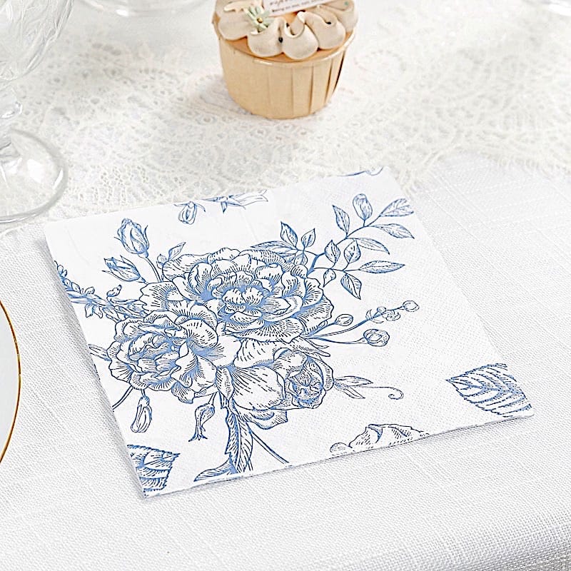 50 White 2-Ply Paper Cocktail Napkins with Matte French Toile Floral Pattern