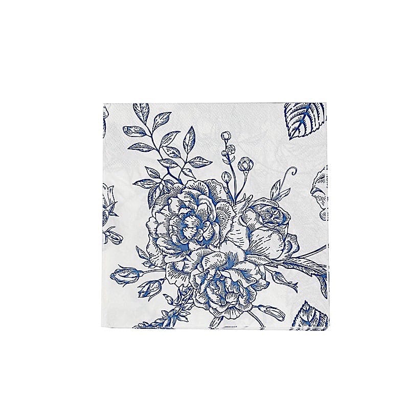 50 White 2-Ply Paper Cocktail Napkins with Matte French Toile Floral Pattern
