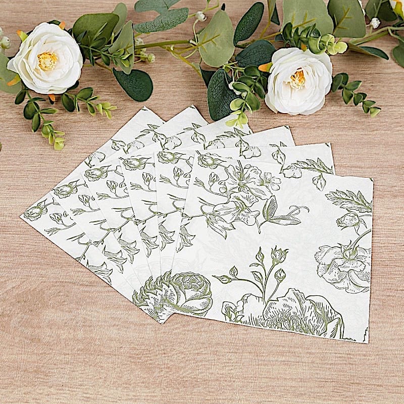 50 White 2-Ply Paper Cocktail Napkins with Matte French Toile Floral Pattern