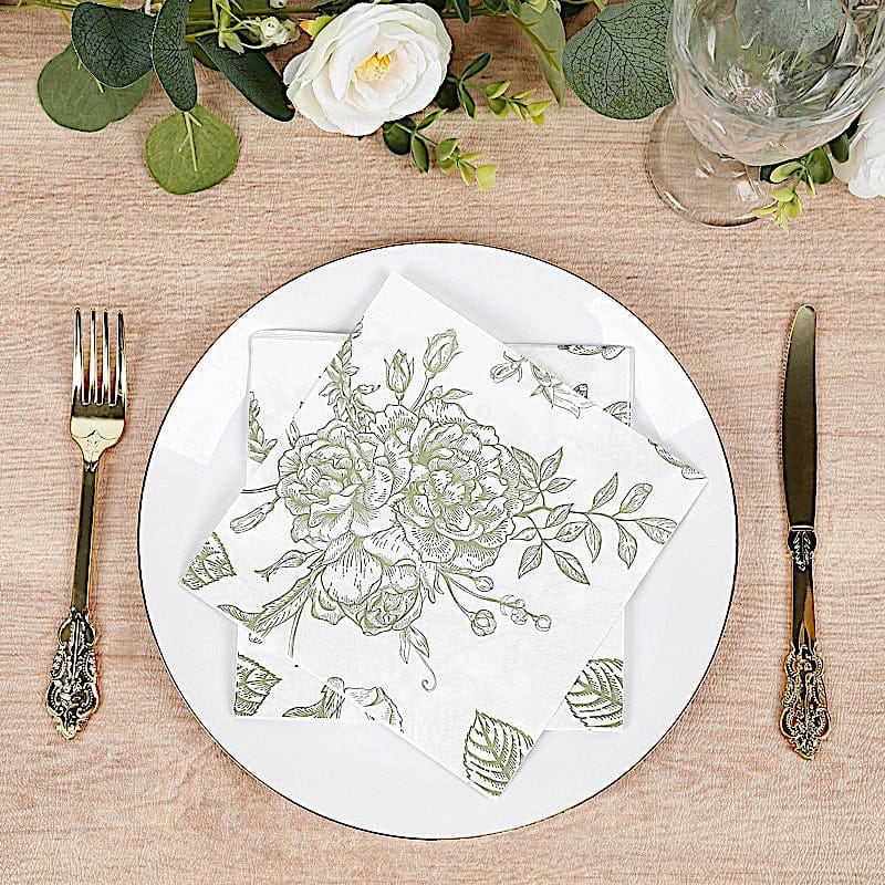 50 White 2-Ply Paper Cocktail Napkins with Matte French Toile Floral Pattern