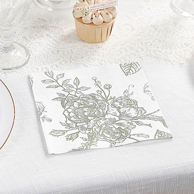 50 White 2-Ply Paper Cocktail Napkins with Matte French Toile Floral Pattern