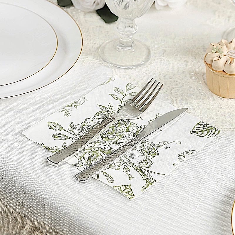 50 White 2-Ply Paper Cocktail Napkins with Matte French Toile Floral Pattern